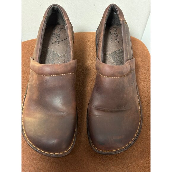 BORN WOMENS BROWN LEATHER SLIP ON CLOGS MULES WEDGE SIZE US 8 EU 39 - Picture 3 of 9